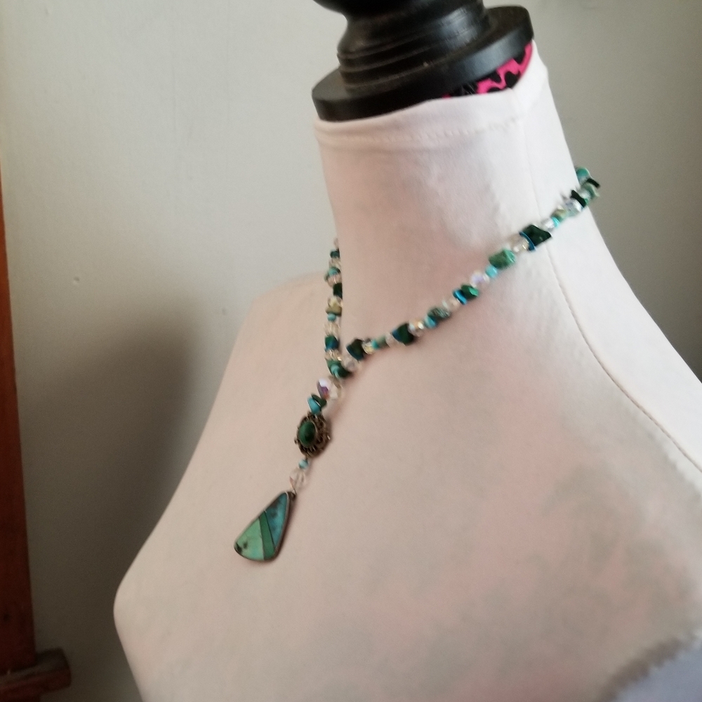 Handmade necklace with malachite and turquoise silver beaded southwestern - Picture 5 of 17